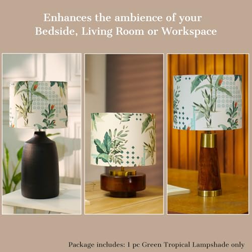 Image of Dreamy Walls 10.5'' Drum Lamp Shade for Bedroom, Living Room | Handcrafted Printed Faux Silk Replacement Lampshade Only | Easy Assembly, 10.5x8.5 Inches, Green Tropical Shade