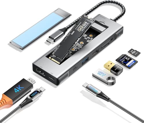 Image of INICIO 8 in 1 USB C Hub with M.2 NVMe SATA SSD Enclosure Hub (NO SSD) USB C 10Gbps, 4K HDMI, USB 3.2 Gen2, PD100W for Mac mini M4 MacBook iPad Pro Air iPhone 17 16 15 Pro S26 S25 Ultra XPS 13 /15