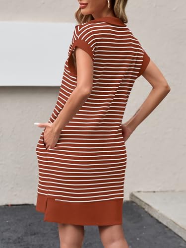 Image of Wenrine Womens Striped Mini Dress Casual Zipper Cap Sleeve Collared V Neck Loose Knit Summer Dresses