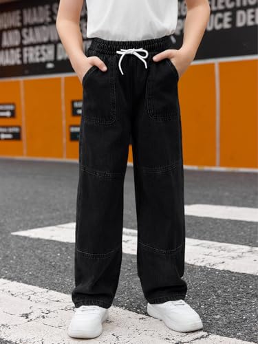 Haloumoning Boys Straight Leg Baggy Jeans Kids Elastic Waist Drawstring Wide Leg Denim Pants with Pockets 5-14 Years2