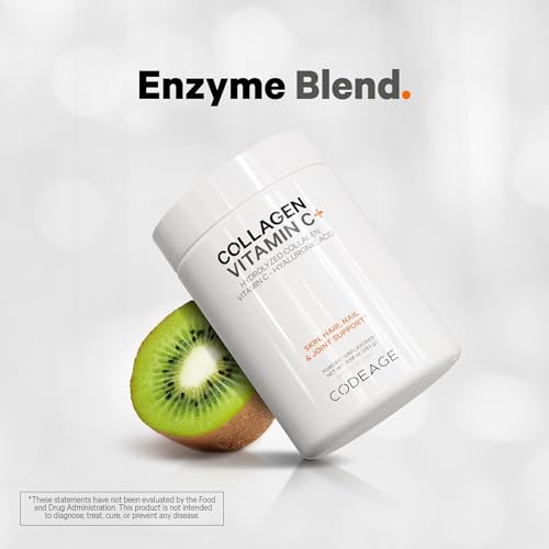 Codeage Collagen Peptides Powder + Vitamin C - 20g Grass-Fed Collagen Per Serving - Digestive Enzymes, Hyaluronic Acid, 18 Amino Acids - Hydrolyzed Collagen Protein - Non-GMO, Unflavored - 9.98 oz