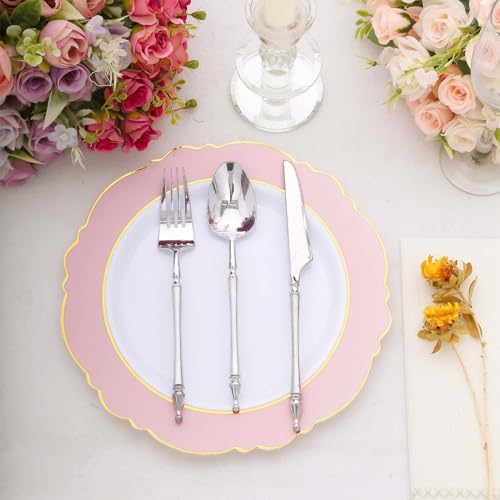 Tableclothsfactory 10 Pack 10\" Blush Rose Gold White Plastic Party Plates with Round Blossom Design, Disposable Dinner Plates with Gold Rim