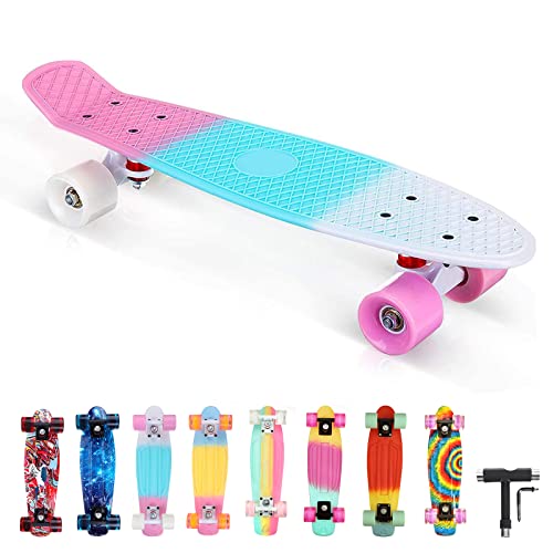 BRGOOD Skateboard Komplette 22 Zoll Mini Cruiser Board Retro Komplettboard für Kinder Mädchen Jugendliche Anfänger Erwachsene Komplett Board mit ABEC-11 Kugellager, 85A PU Rollen,T-Tool 56x15cm Cover