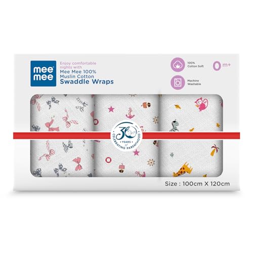 Image of Mee Mee 100% Muslin Cotton Baby Swaddle Wrappers Set (PK-3)| Baby Towel| Soft, Quick-Drying & Highly Absorbent Blanket | Printed Mulmul Swaddle Cloth,Newborn Essentials (Multicolour, 120x100 cm)