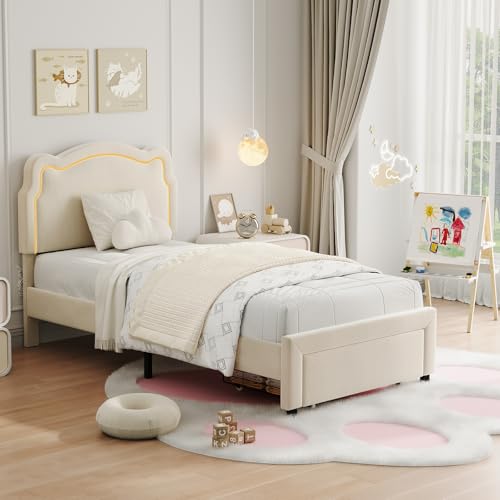 Image of GarveeHome Twin Upholstered Smart LED Bed Frame with Headboard, Velvet Princess Platform Bed Frame for Kids, Wooden Slats Support, No Box Spring Needed (Beige)