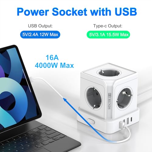 Wieża z gniazdem USB i typu C, kostka zasilająca USB C, biała, listwa zasilająca z 5 gniazdami z przełącznikiem, 3 USB-A i 1 USB-C, kabel 2 m, do biura, domu