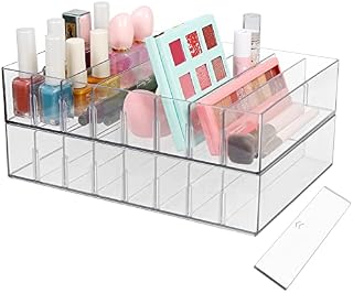 Amazon Brand  Umi Plastic Storage Drawer Organizer Bins - 8 Compartment Organizer Tray for Cable, Power Cords, Makeup, Bathroom, Office, Countertop Organization - 2 Pack, Clear