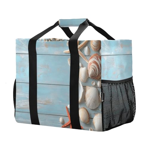 Large Waterproof Travel Tote Bag for Women Men, Wooden Seashells Starfish Summer Canvas Beach Bag with Lining & Pockets - Reusable Grocery/Laundry/Kitchen/Pool/Picnic Tote (15.4x9.8x12.8in)2