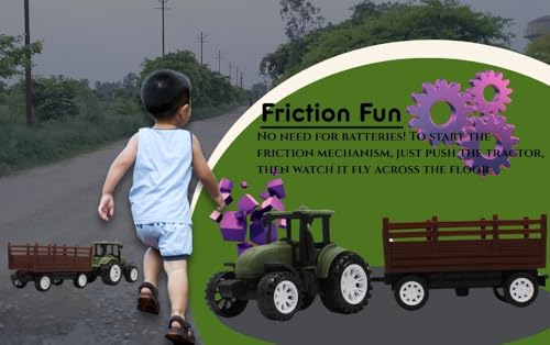 Image of Friction Powered Tractor Trolley Toy for Kids | Farm Tractor Toy with Trailer for Boys & Girls | Push & Go Tractor Vehicle Toy | BIS Certified | NeoKiddo (Dark Green)