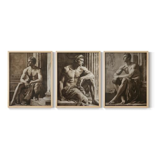 Renditions Gallery Set of 3 Peel & Stick Framed Prints, Statue Wall Art, Sculpture Man Art Wall Decor, Re-Stickable - Ready to Hang - 11"x14" - Natural Frame LT597