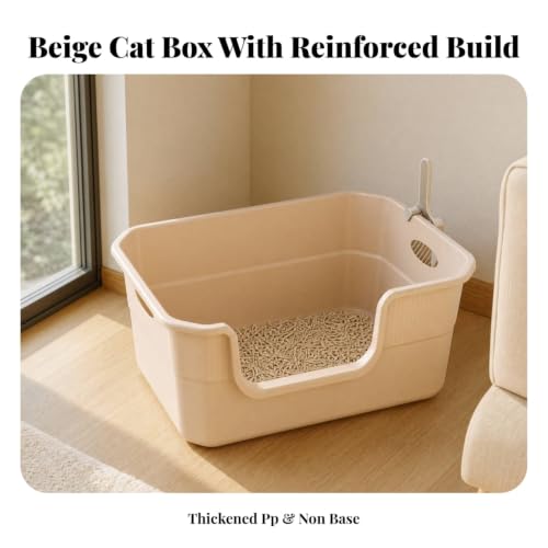 Image of Splash-Reducing PP ABS Cat Litter Box with Scoop Anti-Splashing High-Sided Cat Litter Box with Carrying Handles Easy to Petfresh Toilet Sturdy for Kittens, Home, Beige, Medium Handle