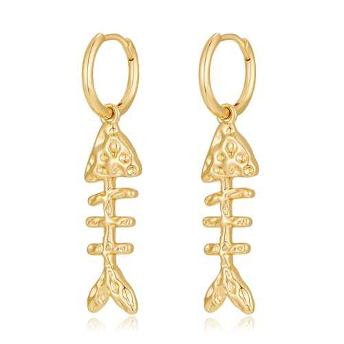 Fish Bone Huggie Earrings 14k Gold Plated Chic Delicate Chunky Ocean Charm Hammered Texture Fish Hoops Dangle Earrings for Women Trendy