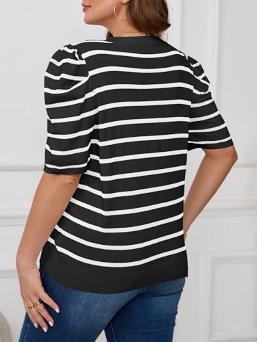Beautife Womens Plus Size Short Puff Sleeve Sweater Tops Lightweight Striped T Shirts Summer Casual Crew Neck Knit Pullover3