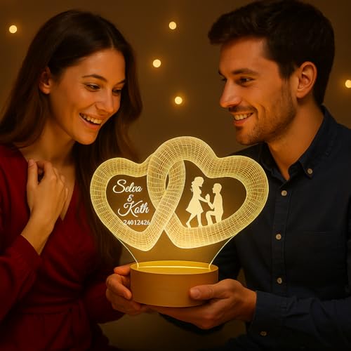 Image of Anniversary Personalized Infinity Heart LED Lamp for Couples | 3D Illusion Custom Night Light for Wedding Marriage & Engagement | Warm White Acrylic Lamp for Wife Romantic Gifts
