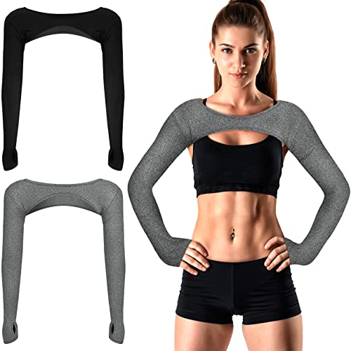 Janmercy 2 Pieces Women's Long Sleeve Crop Tops Cutout Workout Bolero Shrug Ballet Yoga Sports Shrug Casual Cropped Tops