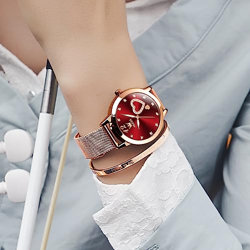 OLEVS Rose Gold Watch for Women Mesh Strap Fashion Dress Hearts Japanese Quartz Waterproof Luminous Ladies Watches Bracelet Sets