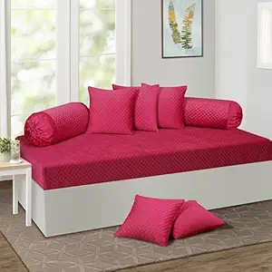 KINGLY Heavy Holland Fabric Modern Diwan Set Covers 1 Bedsheet 54 x 90 Inch, 5 Cushion Covers 16 X 16 Inch, 2 Bolster Covers 15 X 30 Inch - 8 Pieces Set (Pink)