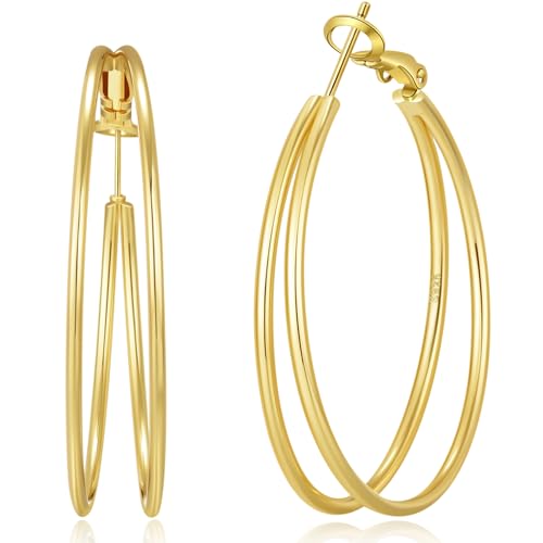 OOOPEL Large Thin Double Hoop Earrings for Women Lightweight Hypoallergenic 925 Sterling Silver Post 14K Gold Hoops Non Tarnish Sturdy Big Thin Double Layered Hoop Earrings 30/40/50/60mm