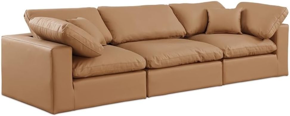 BOWERY HILL Contemporary Vegan Leather Modular Sofa, Cognac Upholstery, 3-Piece Set, Overstuffed Fiber Cushions, Thick Foam Frame, 119" W x 40" D x 34.5" H, Versatile Living Room Seating