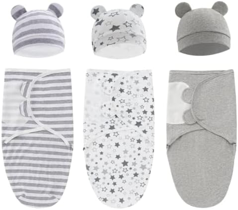 Swaddle King Easy Swaddle Wraps with Matching Hats, Pack of 6 (3 Wraps + 3 Hats), Cotton Knit Baby Wrap, Newborn Wearable Swaddle Sleep Sack, Size 0-3 Months, Small