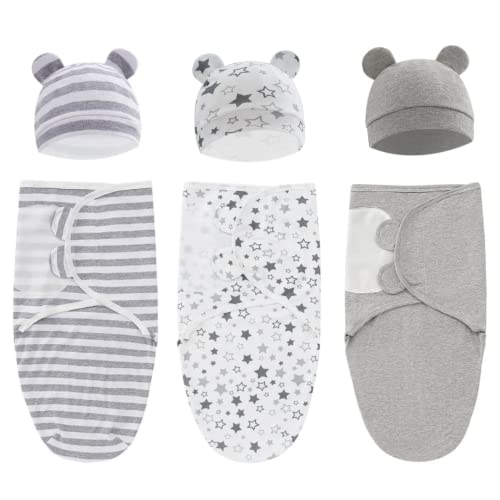 Image of Swaddle King Easy Swaddle Wraps with Matching Hats, Pack of 6 (3 Swaddle Wraps + 3 Matching Hats), Cotton Knit Baby Wrap, Newborn Wearable Swaddle Sleep Sack, Size 0-3 Months, Small
