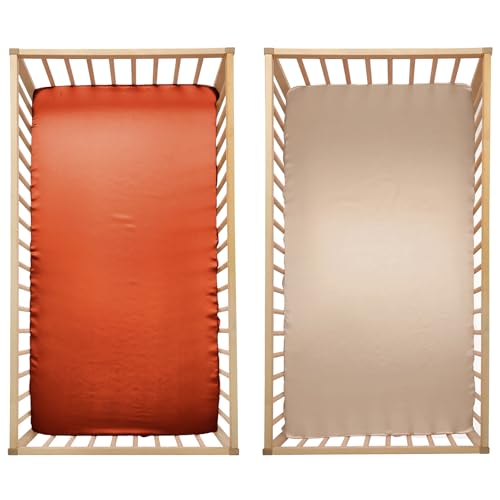 Image of SiinvdaBZX 2 Pcs Satin Crib Sheets for Baby Hair, Rust Orange & Beige | 52 x 28 Inch Silk-Like Soft Fitted Crib Sheets Baby Mattress Sheets for Standard Crib, Toddler Mattress, with 8 Inch Pocket