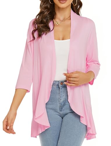 Image of YnimioAOX Women's Cardigan Lightweight Open Front 3 /4 Sleeves Draped Ruffles Knit Cardigan Sweaters