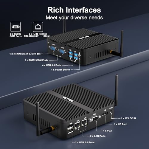 Image of HISTTON Fanless Mini PC Industrial PC Win 10 Pro Mini Computer,Quad Core Celeron J4125,DDR4 16GB RAM 512GB SSD,2 RS232 COM,2 LAN,HD+VGA Dual Output,USB 3.0,Dual WiFi,BT 4.0,Mini Desktop PC