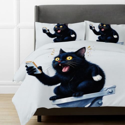 Housse de Couette Chat Noir 240x260 Microfibre pour Dormir Plus Confortablement