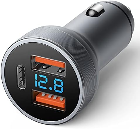 USB C Car Charger, 54W Dual QC 3.0 Ports + 36W PD Port Fast Charge Car Adapter, Mini Metal Cigarette Lighter with Blue LED Light for iPhone 13/mini/Pro/Pro Max/12/11,SE, Samsung S21/ S20/S9