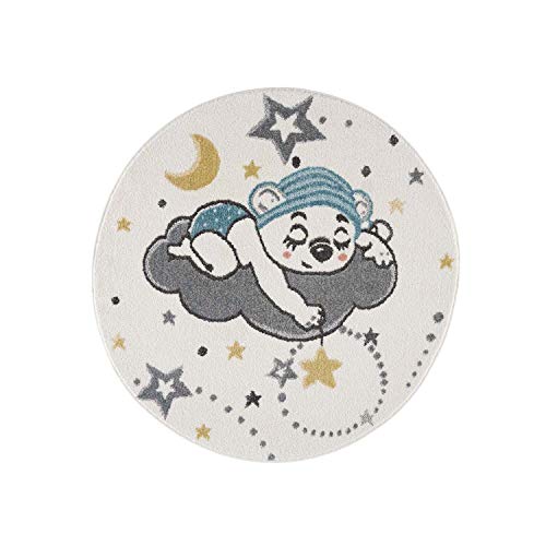 carpet city Kinderteppich Kinderzimmer Creme - 120 cm Rund - Nachthimmel Sterne Mond -...