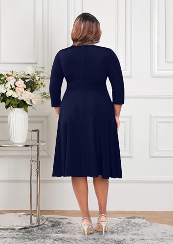 Image of Runwind Women's Plus Size Midi Dress 3 /4 Sleeve Fit and Flare Cocktail Dresses Casual V-Neck Dress with Pockets