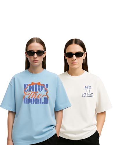 Image of Women's Oversized Cotton Blend Graphic T-Shirt Combo (Pack of 2) | Baggy Fit, Drop Shoulder, Half Sleeves | Sizes S to 2XL