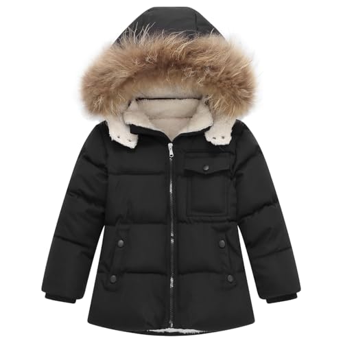 Kids Girls Winter Fleece Lined Puffer Jackets Fur Collar Hooded Parka Snow Coats