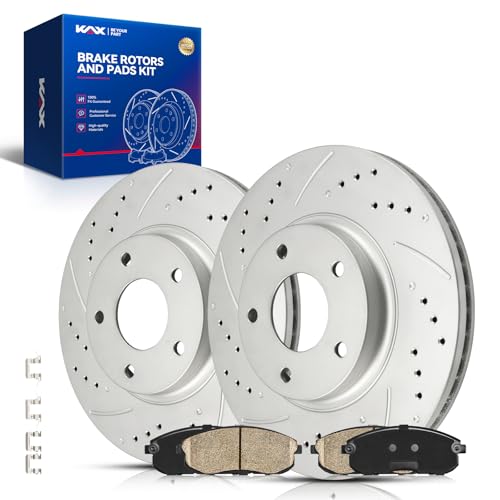 Image of KAX Front Brake Kit, Drilled and Slotted Brake Rotors, Ceramic Brake Pads | Fits Nissan Altima 2002-2006, Nissan Maxima 2002-2003, INFINITI I35 2002-2004, Automotive Replacement Brake Kit