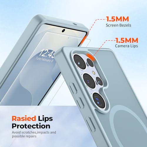 Image of SUPFINE Magnetic for Samsung Galaxy S25 Ultra Case with Screen Protector, (Built-in Magnets) (Military Grade Drop Protection) Slim Translucent Shockproof Phone Case,Sliver Blue