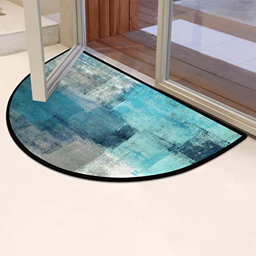 Turquoise Grey Abstract Half Round Door Mat Teal Modern Art Non-Slip Soft Half Circle Area Rug Washable Durable Decor Half Moon Hearth Rugs For Floor Indoor Living Room Bedroom Kitchen Fireplace Rug #TOP5