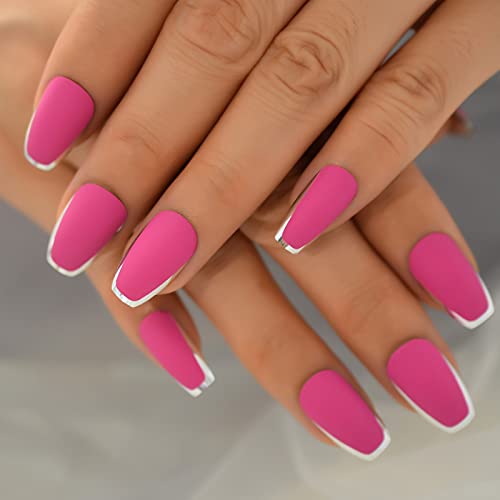 Coolnail Matte Rose Pink French Ballerina Coffin Press On False Nail Metallic Silver Edge Frosted Ballet Fake Nails Tips Women Girl Wear #TOP2