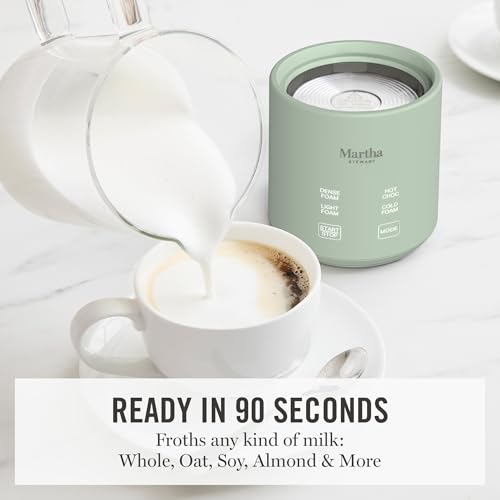 Image of Martha Stewart Milk Frother and Steamer, 10oz /300ml Glass Cup, 4 Presets (Cold Foam, Light, Dense & Hot Chocolate), Ready in 90 Seconds, Cordless Pouring, One-Touch for Hot and Cold Milk, Honeydew