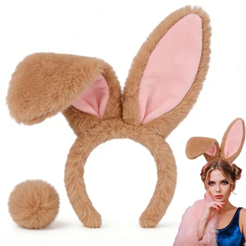M&G House Easter Bunny Ears Headband with Tail Floppy Rabbit Ears Costume Accessories for Easter Party Cosplay Photoshoots and Dress Up Adult