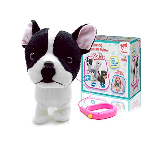 YH YUHUNG Französische Bulldogge Spielzeug mit Leine, Frenchie Welpe Schwarz-Weiß, Laufender Hund Bellt & Wedelt, Interaktives Plüschtier für Kinder (Bulldogge)