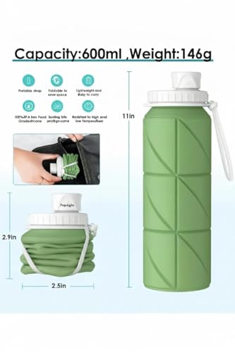 Image of SILENCIO Silicone Water Bottle 600 ml | Foldable Leak Proof Travel Bottle | BPA Free Reusable Drinking Bottle for Gym, Trekking, Camping & Outdoor Use (GREEN)