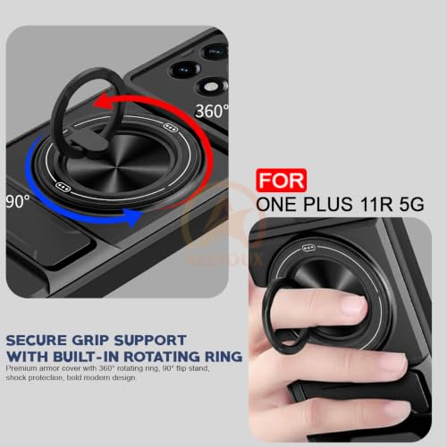 Image of Oneplus 11R 5G Back Cover | Armor Camera Slider 360 Degree Rotating Finger Ring Holder Case with Bracket Stand Back Case Cover (Compatible with MagSafe Accessories) (Black)