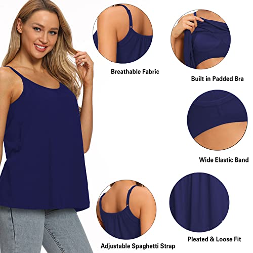 Image of Womens Loose Camisole Top with Built in Padded Bra Flowy Pleated Tank Cami Top