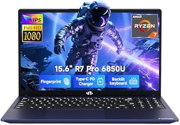 15.6" FHD Light-Gaming-Laptop, 8 Cores AMD Ryzen 7 Pro 6850U 16GB LPDDR5 RAM 512GB SSD (Beat i7-1360P Up to 4.7GHz) GPU AMD Radeon 680M IPS Computer with 100W Type-C Backlit Keyboard Fingerprint