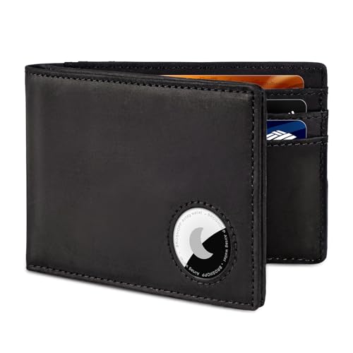 Airtag Wallet for Men, Bifold Full-Grain Leather Wallet for Apple Air Tag, Men's Wallet with Airtag Holder, RFID Blocking, Cash Slots, ID Window