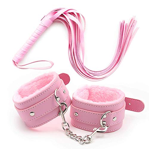Aomeiter Leather Handcuffs Set, Adjustable Handcuff + Whip Strong and Durable PU Leather Soft Fur Cuffs Multifunctional Bangle, Pink