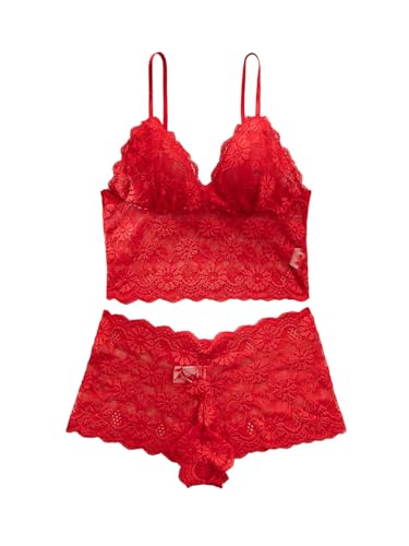 Image of Lilosy Sexy Sheer Floral Lace Pajamas Lingerie Set High Waist Sleepwear Bra and Panty 2 Piece Nightwear