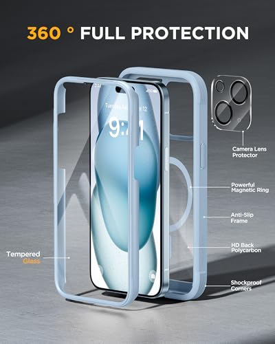Image of Miracase Glass Series for iPhone 15 Case [Compatible with MagSafe] Full-Body Magnetic Bumper Case with Built-in 9H Tempered Glass Anti-Fingerprint Screen Protector + Camera Lens Protector, Light Blue