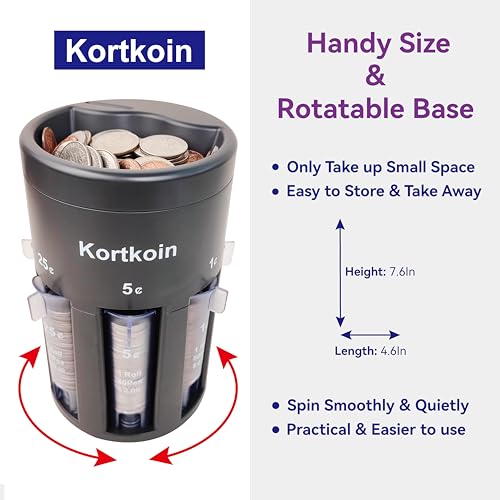 Kortkoin Automatic Coin Sorter 5-IN-1 Coin Counter with Coin Wrappers, Empty Piggy Bank Coin Bank Jar Quickly & Accurate as Change Sorter Machine, Widely used at Home, Office & Store. Great Time Saver